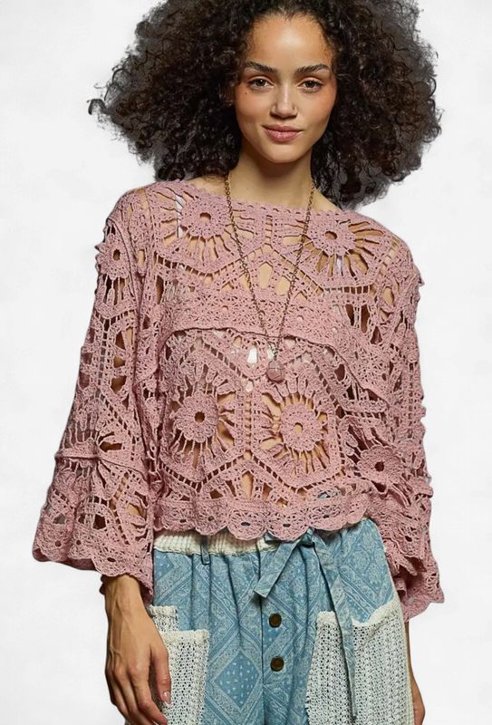 Pol Crochet Waist Length Top W/ 3/4 Bell Sleeve - Rose