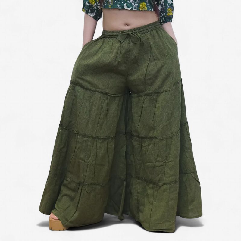 Flowy Tiered Wide Leg Pants - Plus Size -  Spring Green