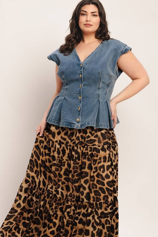 Washed Denim Peplum Top - Plus Size