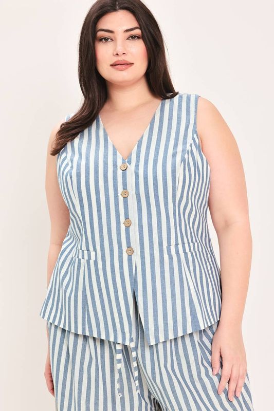 Striped Cotton Vest  - Plus Size