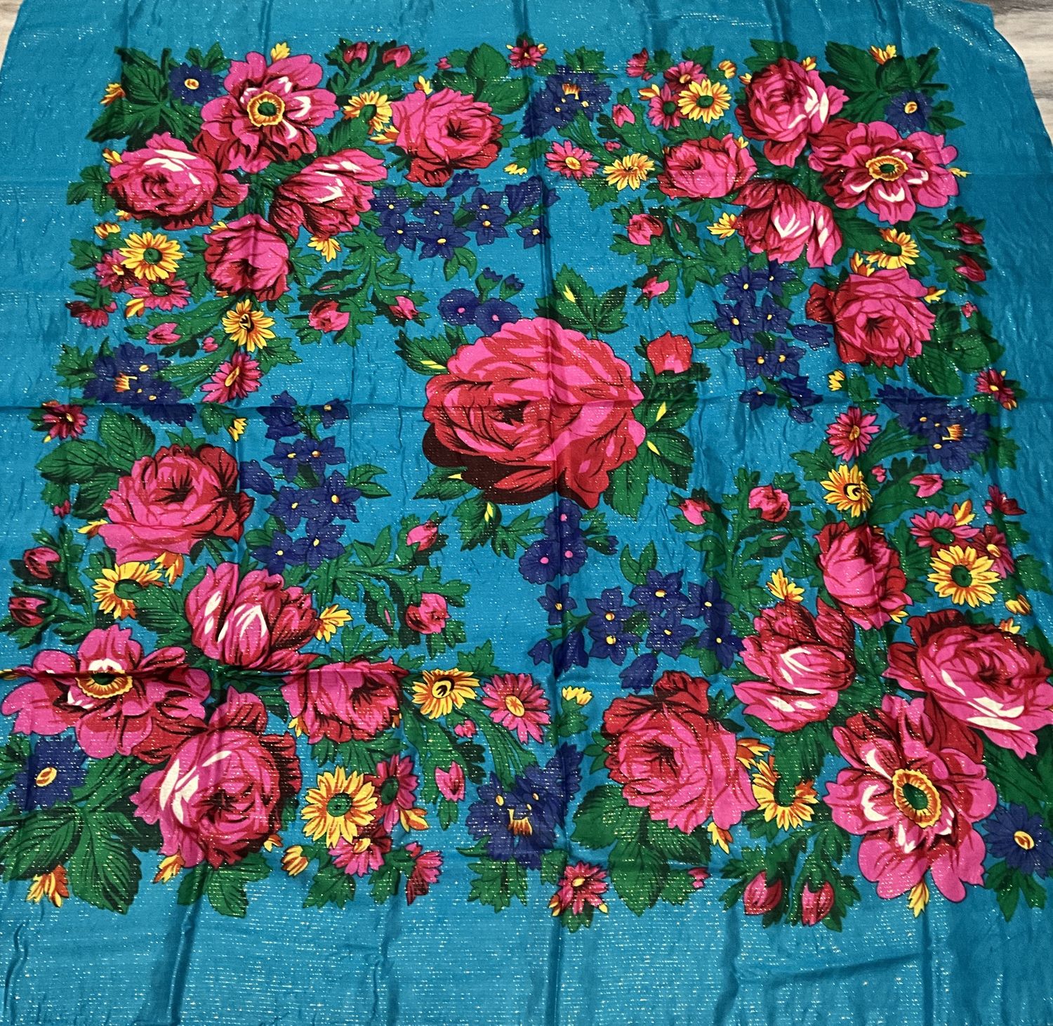 Floral Scarf Turquoise Metallic 44x44
