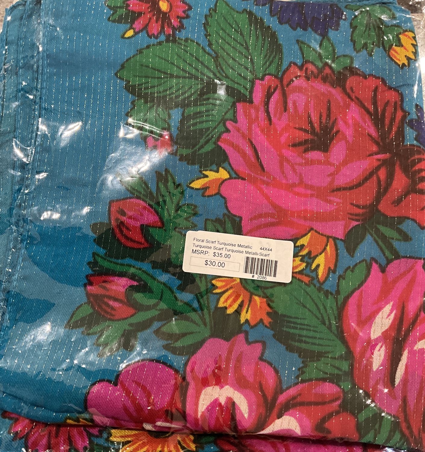 Floral Scarf Turquoise Metallic 44x44