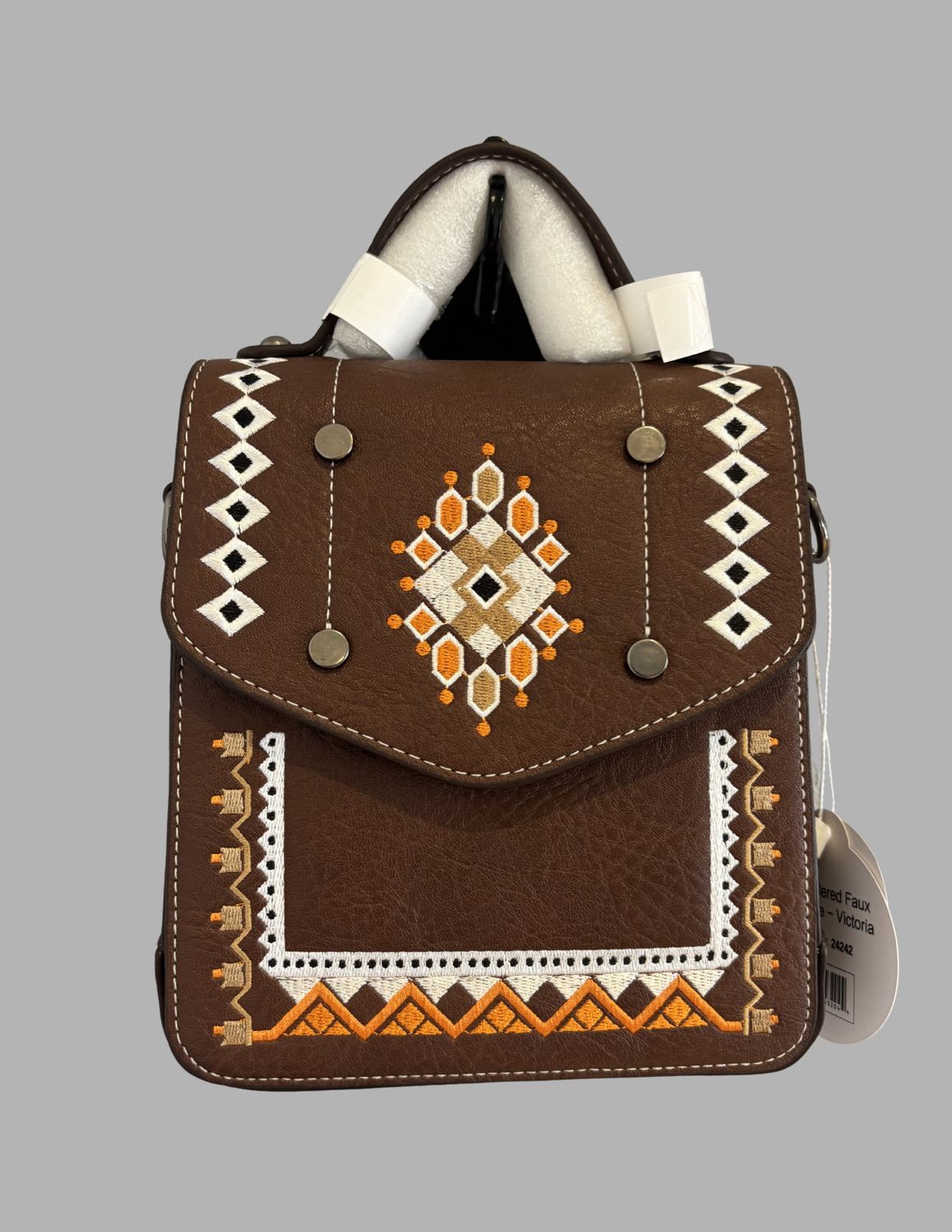 Leather Purse Embroidered Design, Color: Brown
