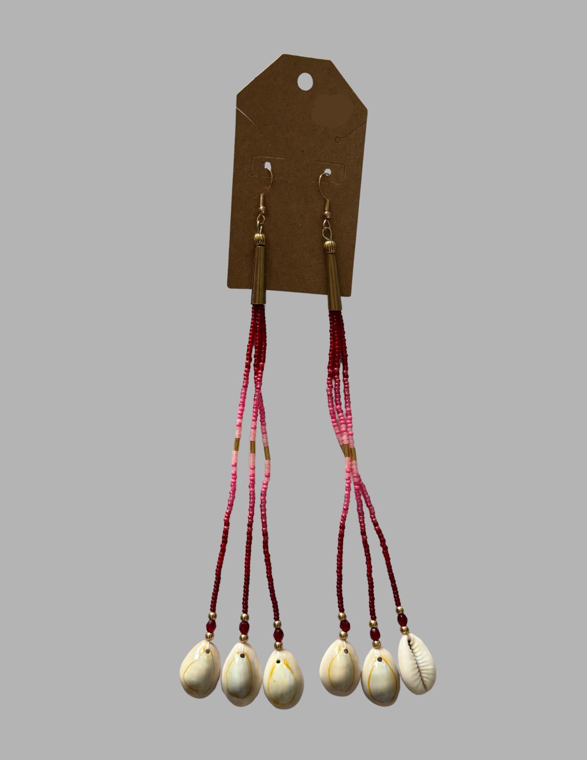 Three Strand Cowrie Earrings, Color: Pink &amp; Red