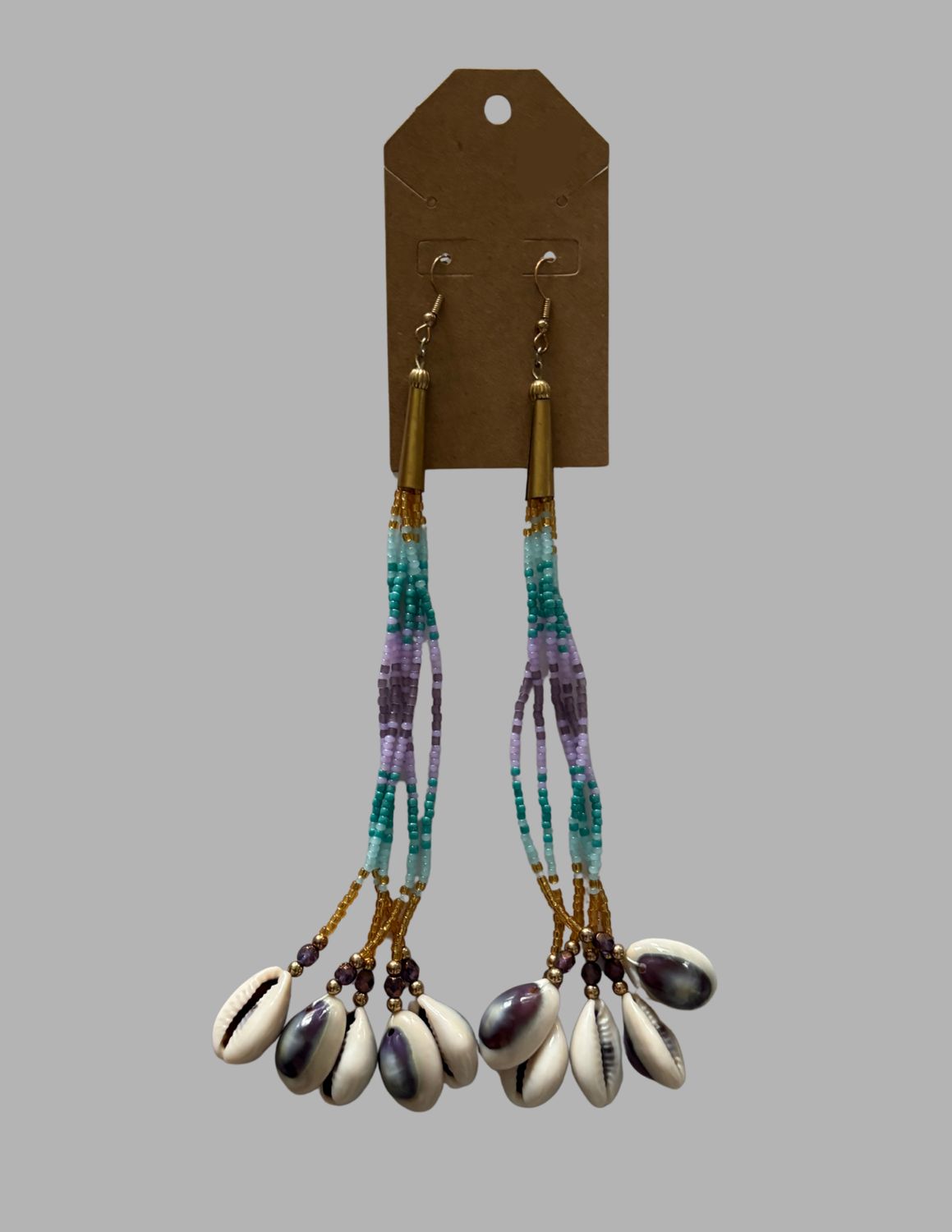 Five Strand Cowrie Earrings, Color: Turquoise &amp; Purple