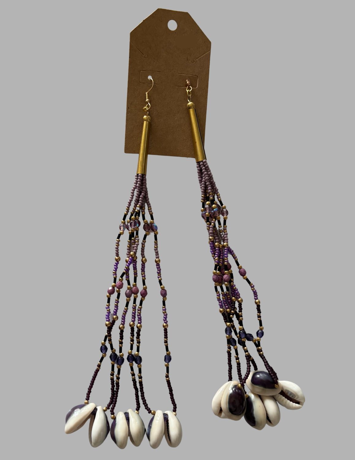 Six Strand Cowrie Earrings, Colour: Purple