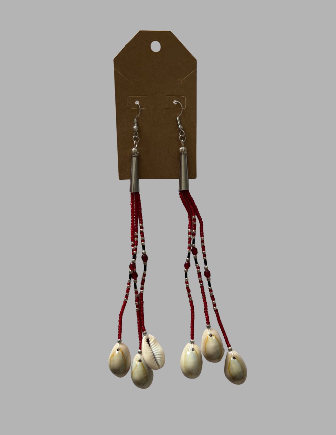 Medium Three Strand Cowrie Earrings, Color: Dark Red