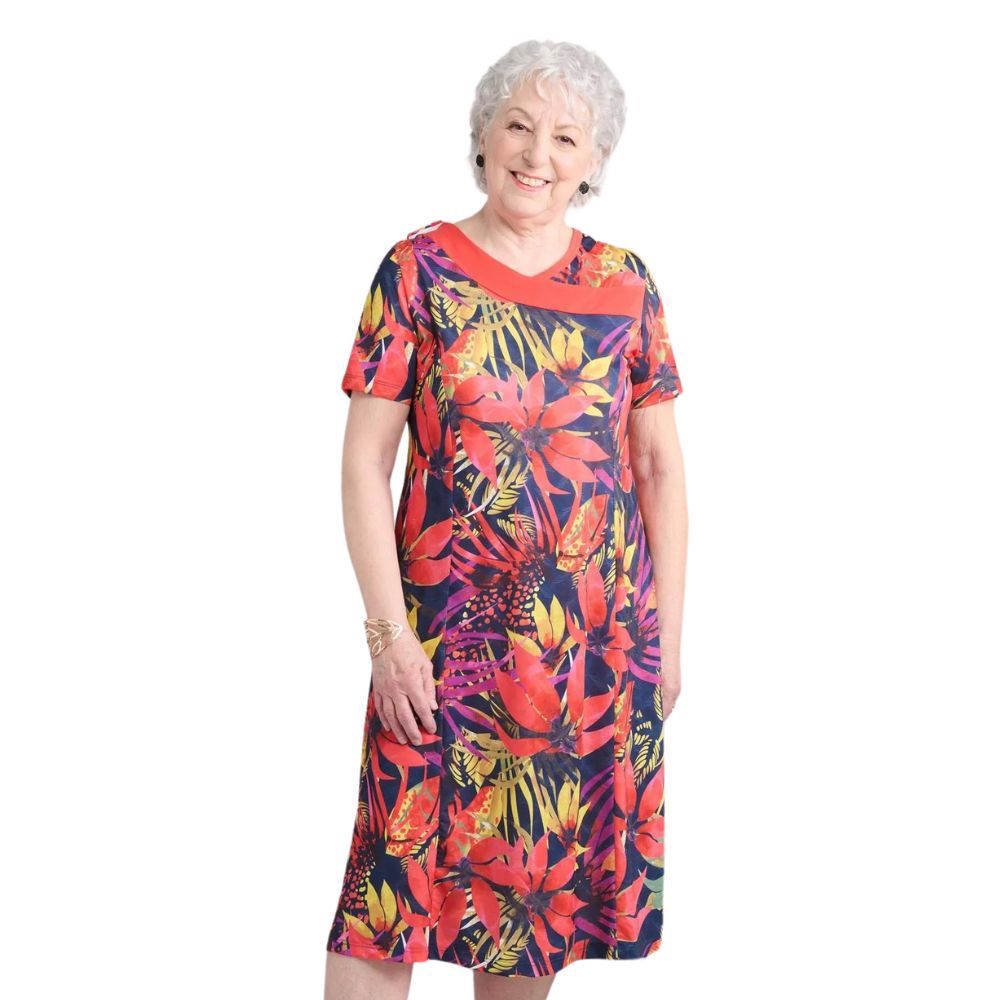 Robe adaptée manches courtes imprimé tropical rouge