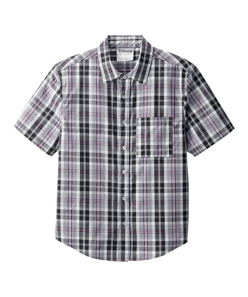 Chemise homme manches courtes carreaux noirs à boutonnière aimantée