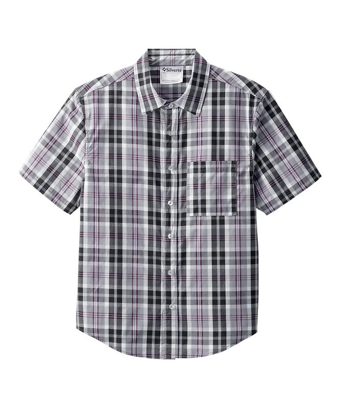 Chemise homme manches courtes carreaux noirs à boutonnière aimantée