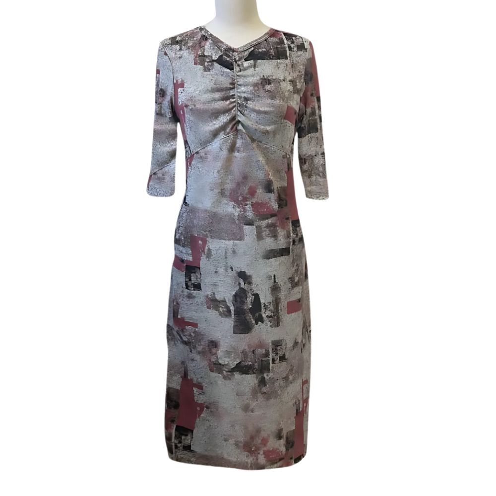Robe adaptée manches 3/4 à imprimé de gris et rose