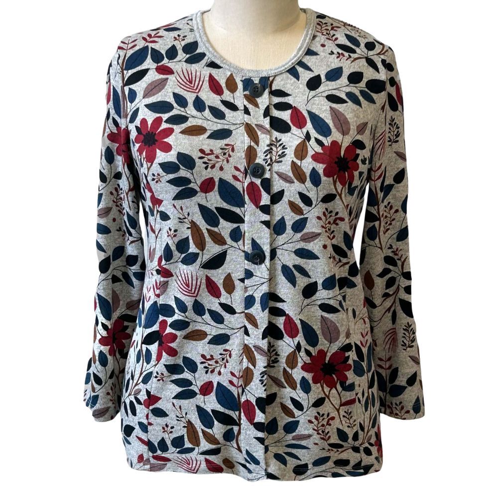 Chandail adapté style faux cardigan motif fleur et feuillage