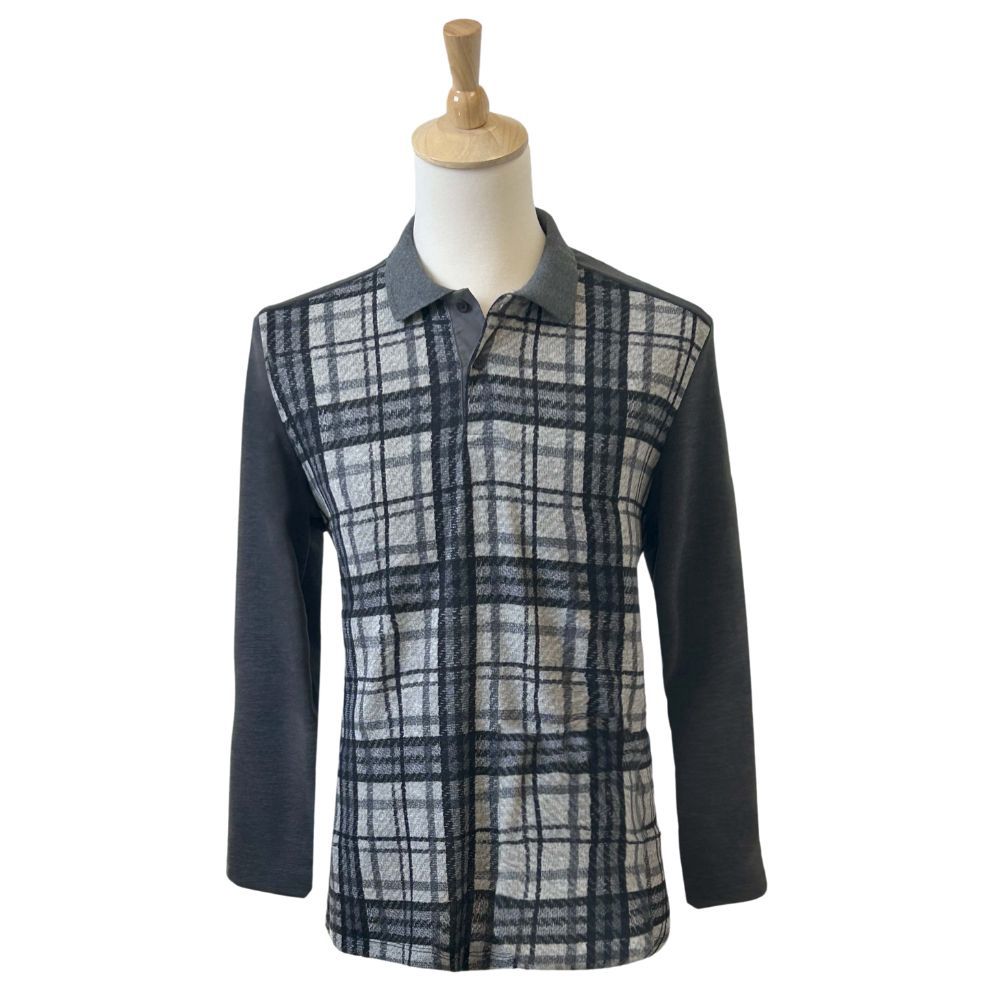 Polo adapté manches longues à carreaux gris
