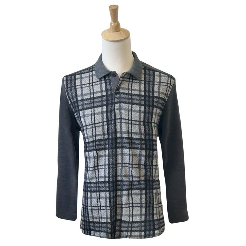 Polo adapté manches longues à carreaux gris