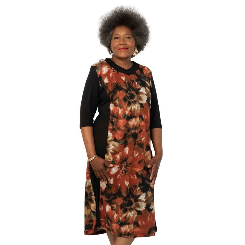 Robe adaptée manches 3/4 noire imprimé fleuri