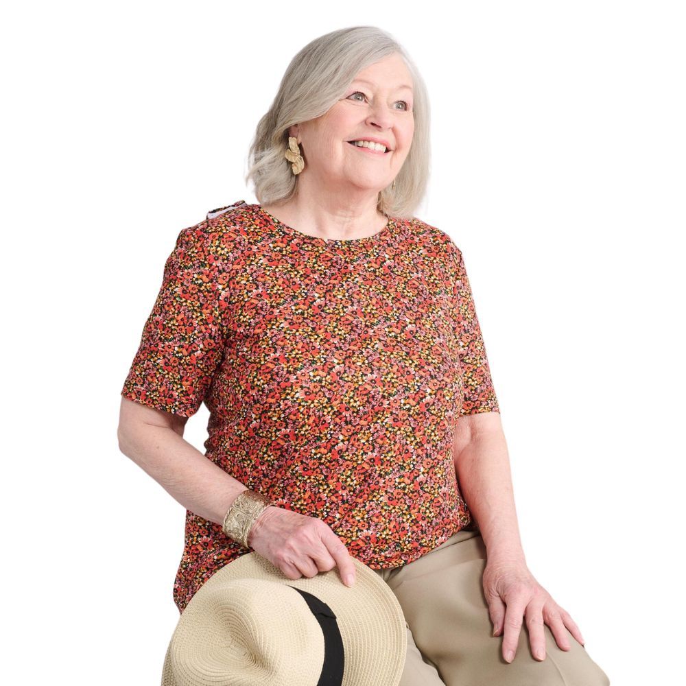 Chandail adapté manches courtes fleuri corail