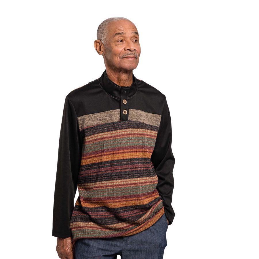 Polo adapté manches longues rayures noir et rouille