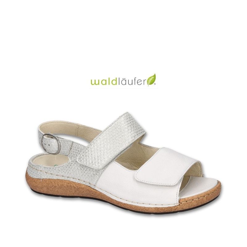 Sandale femme à velcro Waldlaufer blanc et argent