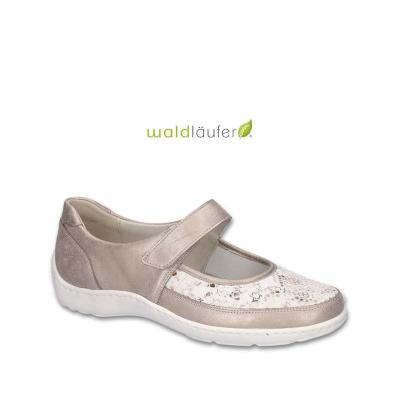 Chaussure femme à velcro Mary-Jane Waldlaufer taupe et métalique