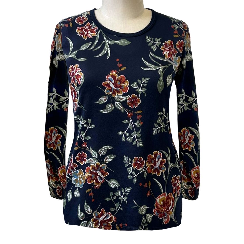 Chandail adapté femme hiver à motif floral sur fond marine
