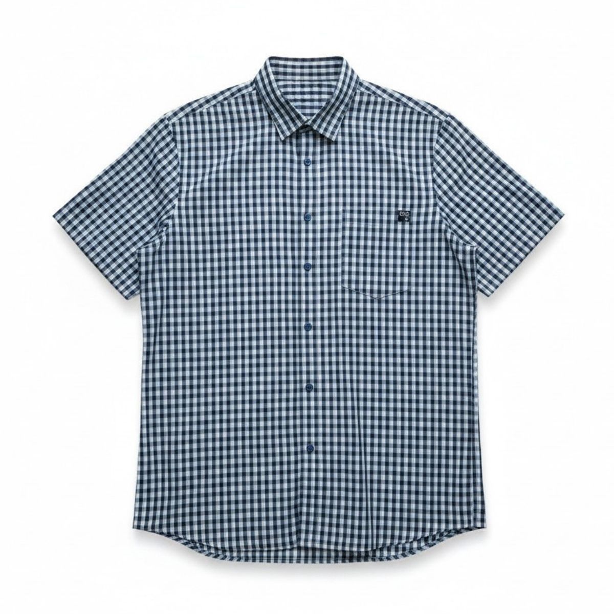 Chemise adaptée manches courtes carreaux marine et turquoise
