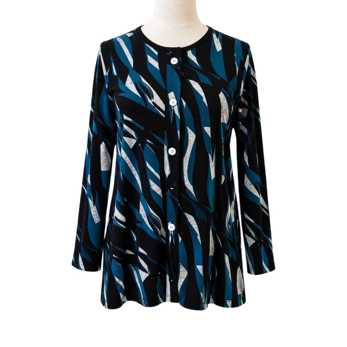 Chandail adapté femme manches longues style cardigan en noir et sarcelle