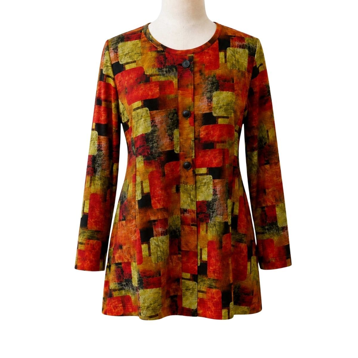 Chandail adapté femme manches longues style cardigan à imprimé abstrait rouge, orange et moutarde