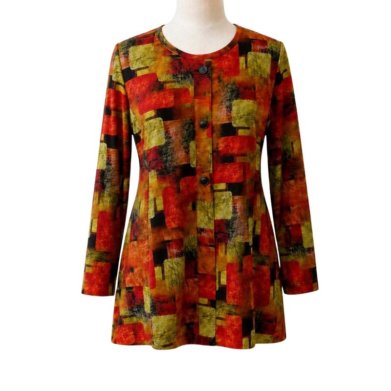 Chandail adapté femme manches longues style cardigan à imprimé abstrait rouge, orange et moutarde