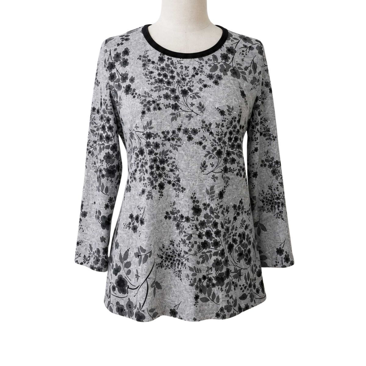 Chandail adapté femme manches longues gris foncé à motif floral noir