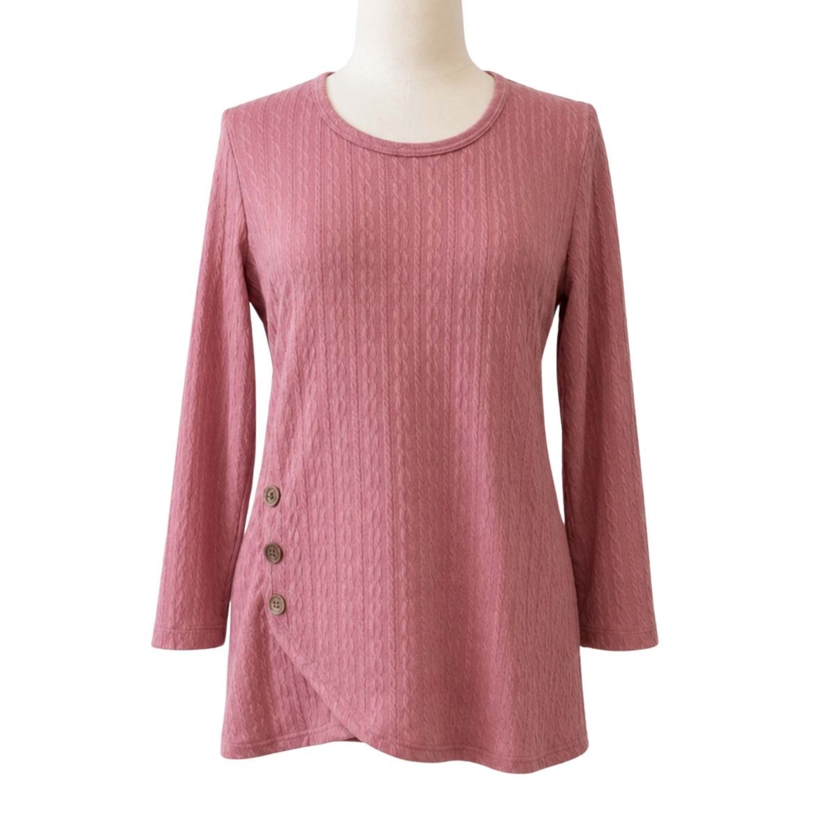 Chandail adapté femme manches longues en tricot rose et boutons décoratifs