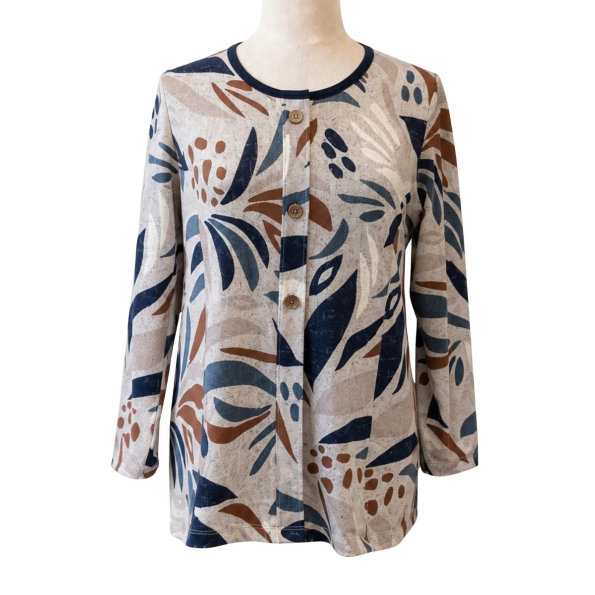 Chandail adapté femme manches longues style cardigan beige à motifs