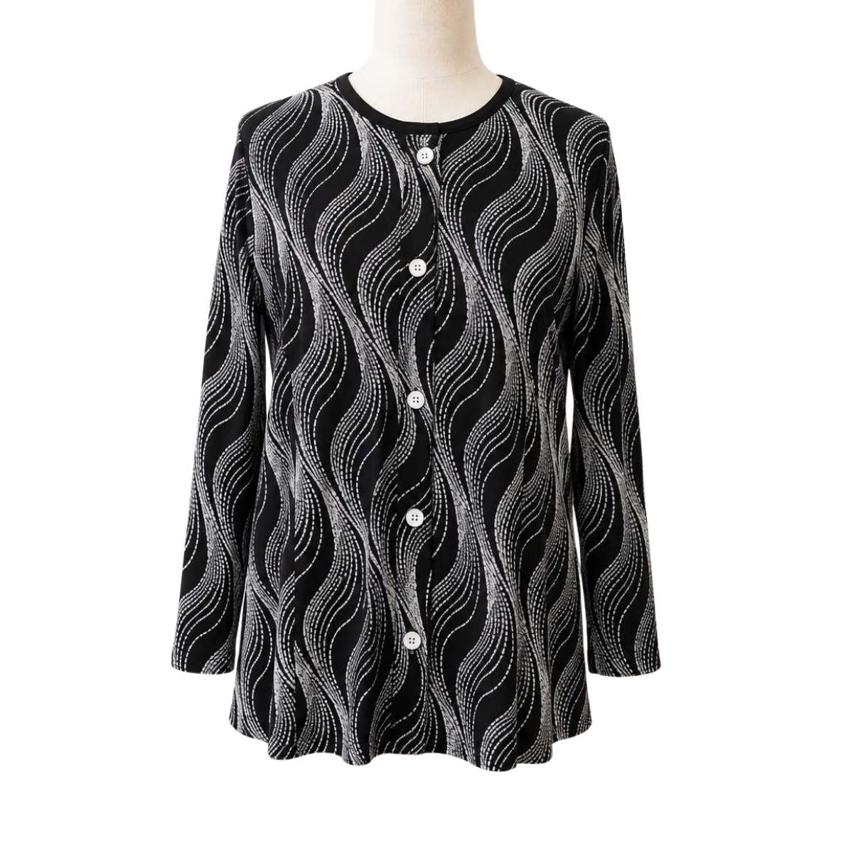 Chandail adapté femme manches longues style cardigan noir à motifs gris
