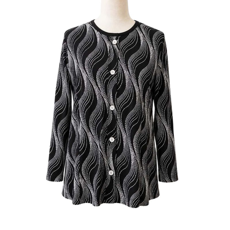 Chandail adapté femme manches longues style cardigan noir à motifs gris