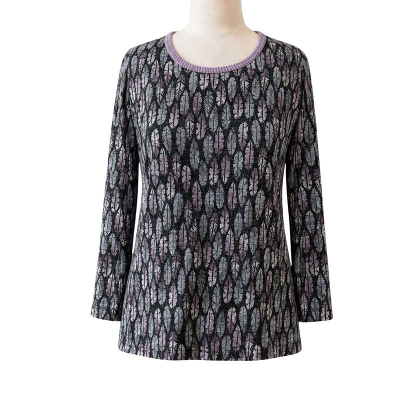 Chandail adapté femme manches longues à motifs de feuilles gris et rose