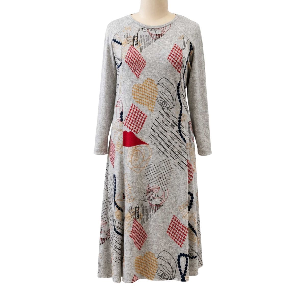 Robe adaptée manches longues en gris pâle et motifs rouges
