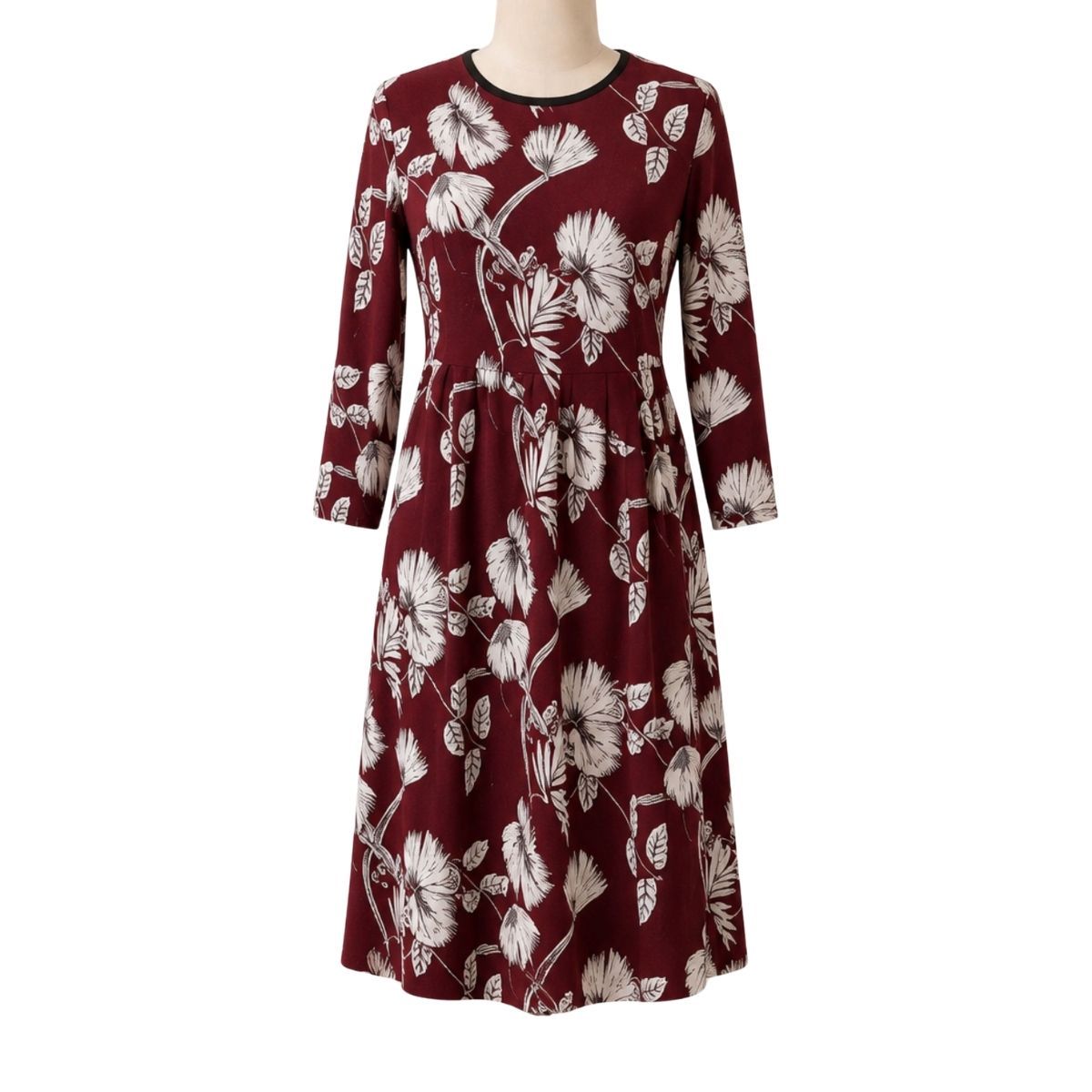Robe adaptée manches longues bourgogne et imprimé floral blanc