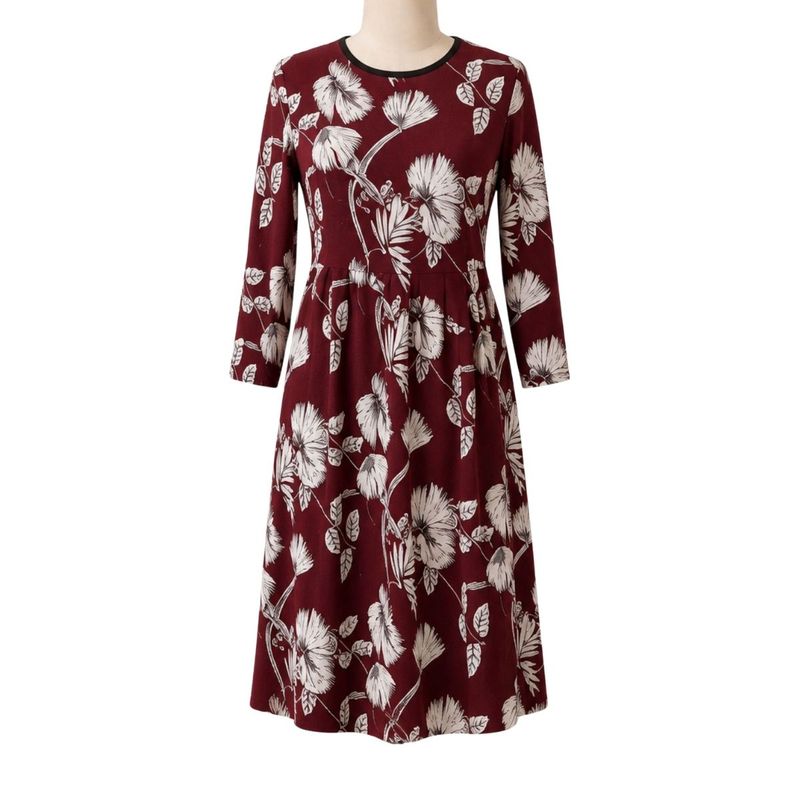 Robe adaptée manches longues bourgogne et imprimé floral blanc