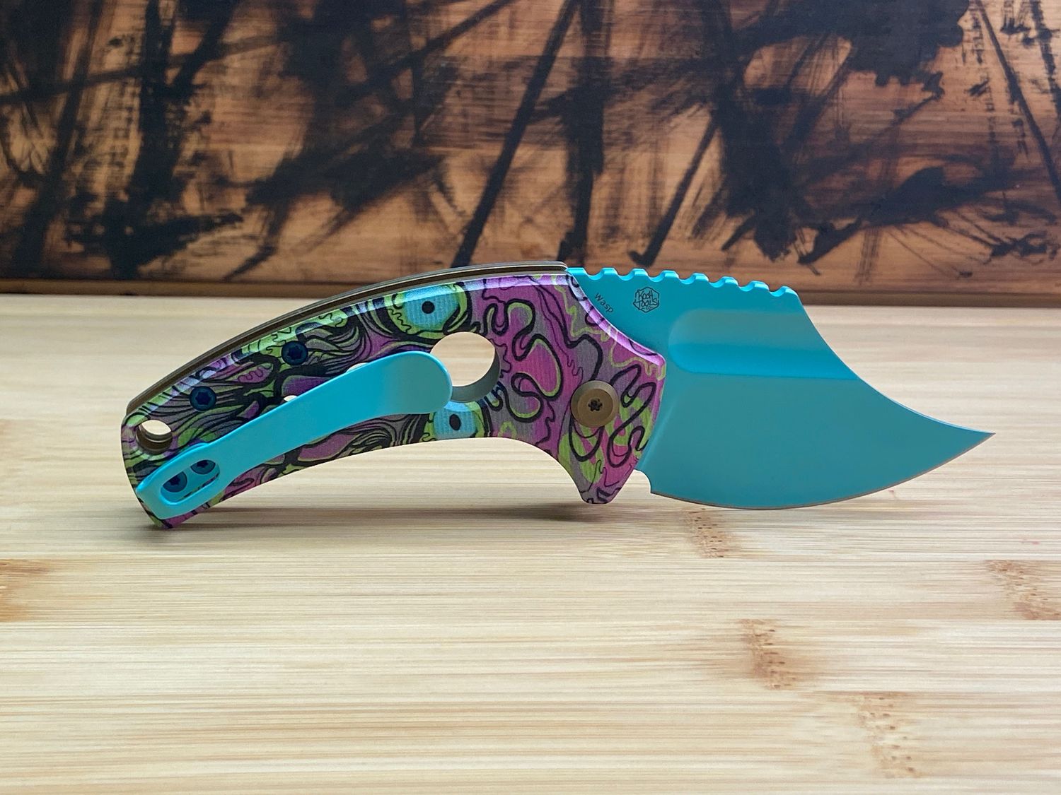 Kansept WASP Button Lock | Jade G10 with Purple Undead Print with Holes | 2.36" Light Blue Coating 154CM Blade | Koch Tools Design | T2144F5