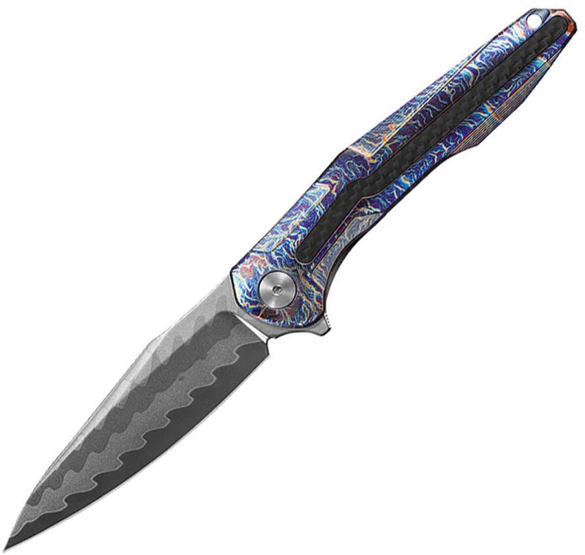 CH Knives Wartex, Flamed Titanium Framelock with Elmax Core Damascus Steel Blade