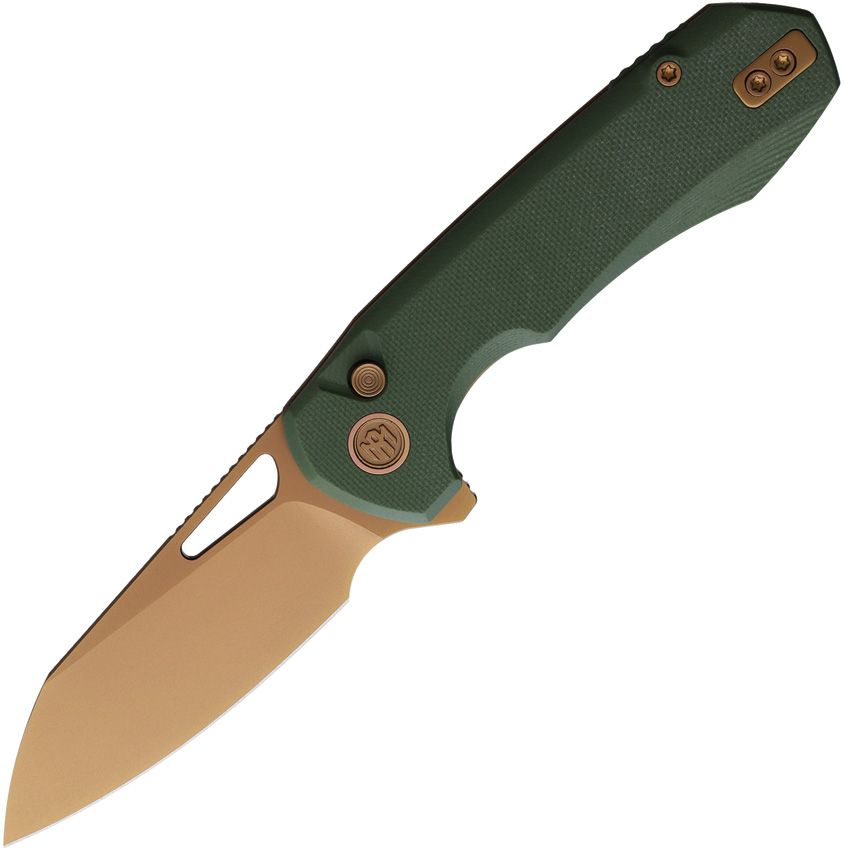 Remette Camel Button Top Linerlock, Green Handle / Rose Gold