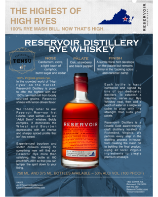 Reservoir Virginia Rye Whiskey (2022) Batch 2 50.0 "OB"