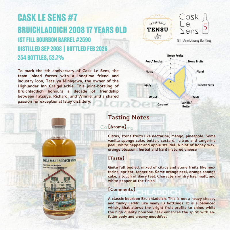 Bruichladdich 17Y (2008-2026) Bourbon Barrel 52.7 For Highlander Inn "Cask Le Sens"