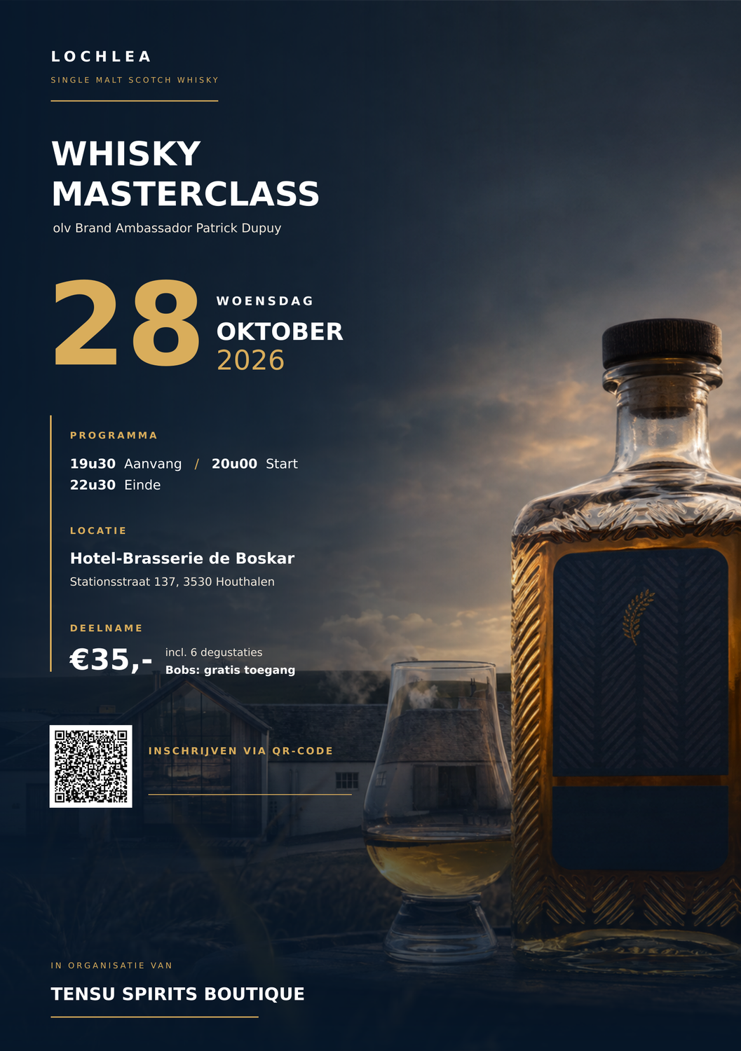 Woensdag 28/10/2026 Whisky Masterclass / Lochlea Distillery