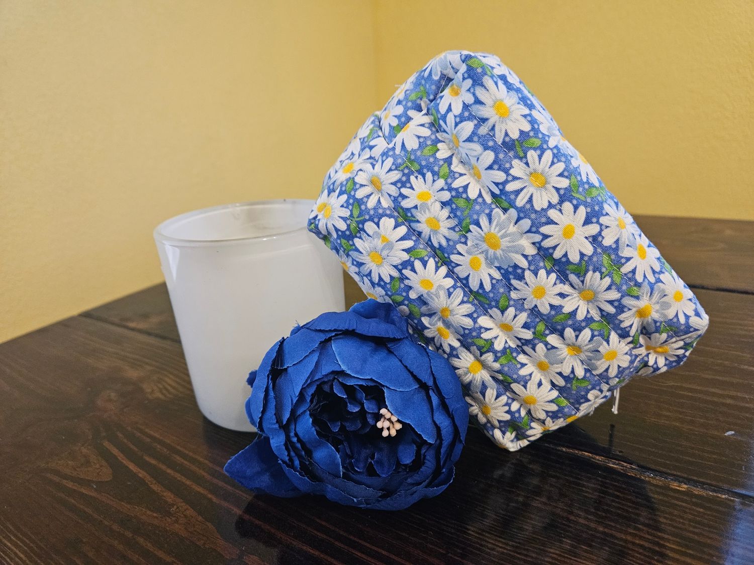 Blue Painted Floral Makeup Bag