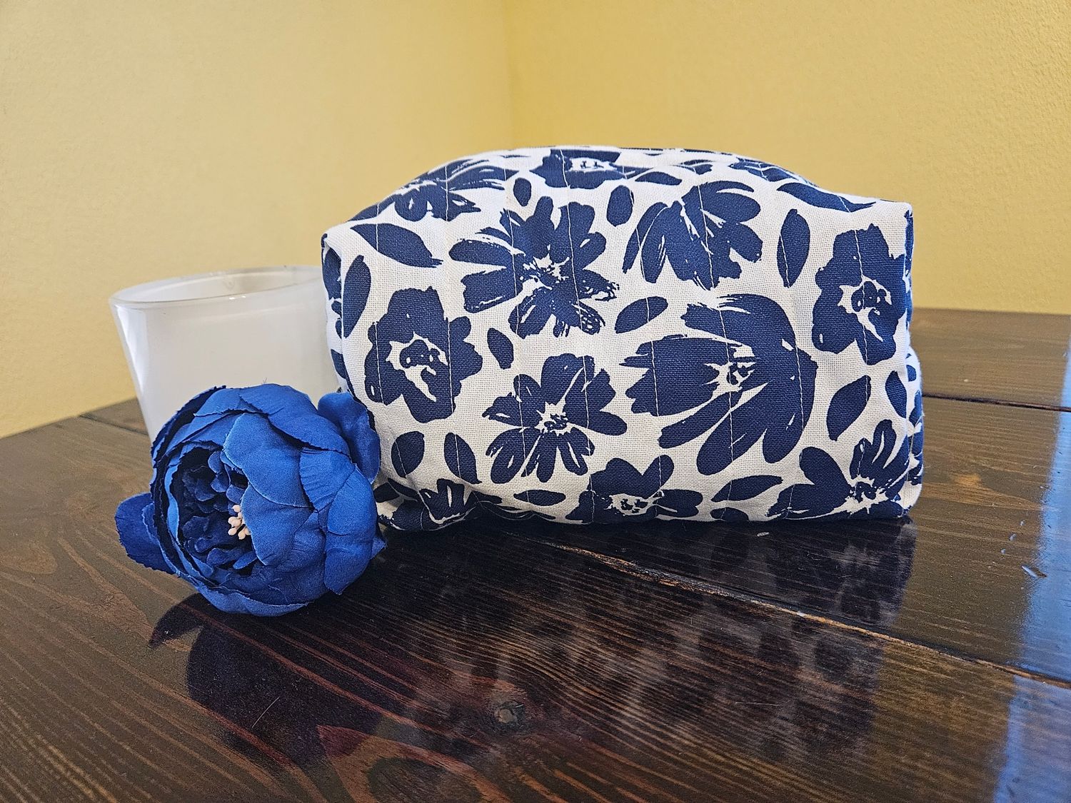 Blue Painted Floral Makeup Bag