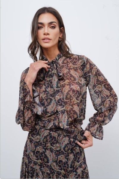 Brown Ethnic Paisley Blouse with Ruffle Sleeves
