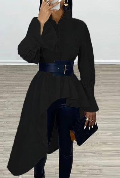 Cotton Polyester Fabric Asymmetrical Cut Shirt-Belt Included