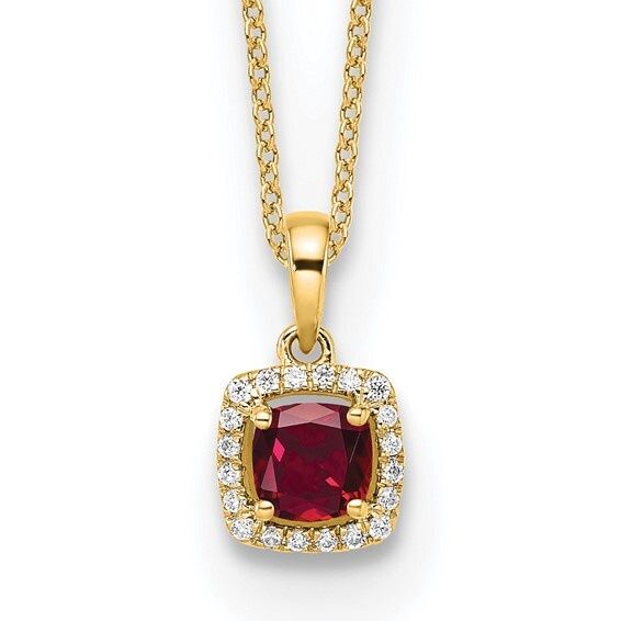 10k Yellow Gold 1/10 carat Lab Grown Diamond Created Ruby 18 in Pendant Necklace