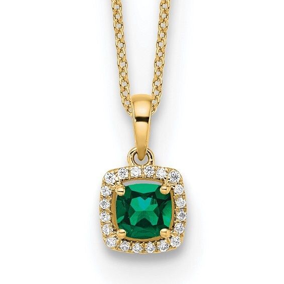 10k Yellow Gold 1/10 carat Lab Grown Diamond Created Emerald 18 in Pendant Necklace