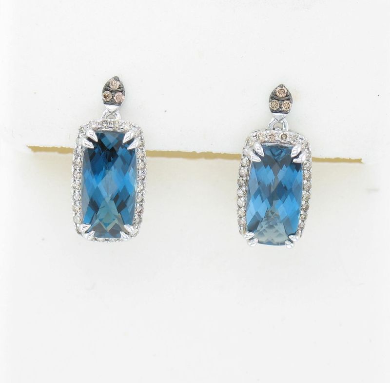 14k Vanilla Gold LeVian Deep Sea Blue Topaz Earring w/ Chocolate and Nude Diamonds